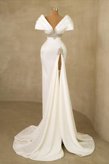 White Wedding Dress Mermaid Off The Shoulder Jewels Bridal Gown With Slit
