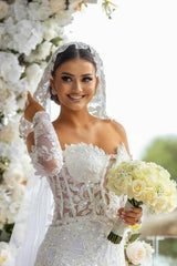 White Wedding Dress Mermaid Off The Shoulder Lace Glitter Bridal Gown With Sleeves