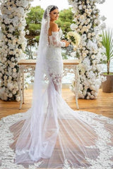 White Wedding Dress Mermaid Off The Shoulder Lace Glitter Bridal Gown With Sleeves