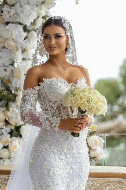 White Wedding Dress Mermaid Off The Shoulder Lace Glitter Bridal Gown With Sleeves