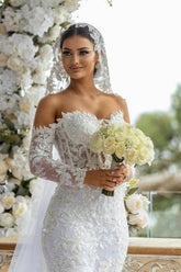 White Wedding Dress Mermaid Off The Shoulder Lace Glitter Bridal Gown With Sleeves