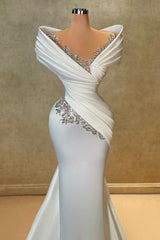 White Wedding Dress Mermaid Off The Shoulder Lace Satin Bridal Gown With Rhinestones