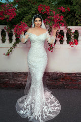 White Wedding Dress Mermaid Off The Shoulder Strapless Beaded Long Sleeves Sequined Detachable Panel Train Long Tulle Bridal Gown With Pearls And Appliques