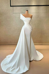 White Wedding Dress Mermaid One Shoulder Satin Sleeveless Bridal Gown