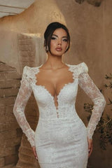 White Wedding Dress Mermaid Portrait Sweetheart Sleeve Lace Bridal Gown