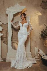White Wedding Dress Mermaid Portrait Sweetheart Sleeve Lace Bridal Gown