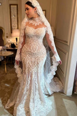 White Wedding Dress Mermaid Sleeves High Neck Lace Cathedral Train Tulle Bridal Gown