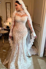 White Wedding Dress Mermaid Sleeves High Neck Lace Cathedral Train Tulle Bridal Gown