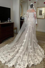 White Wedding Dress Mermaid Sleeves High Neck Lace Cathedral Train Tulle Bridal Gown