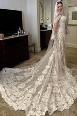 White Wedding Dress Mermaid Sleeves High Neck Lace Cathedral Train Tulle Bridal Gown