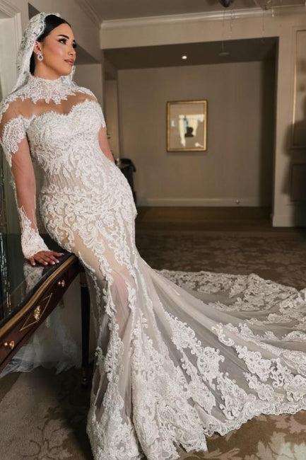 White Wedding Dress Mermaid Sleeves High Neck Lace Cathedral Train Tulle Bridal Gown
