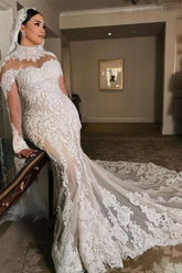 White Wedding Dress Mermaid Sleeves High Neck Lace Cathedral Train Tulle Bridal Gown