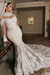 White Wedding Dress Mermaid Sleeves High Neck Lace Cathedral Train Tulle Bridal Gown