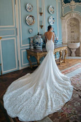 White Wedding Dress Mermaid Spaghetti Strap Backless Lace Tulle Bridal Gown With Appliques