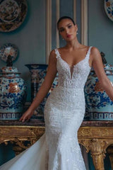White Wedding Dress Mermaid Spaghetti Strap Backless Lace Tulle Bridal Gown With Appliques