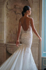 White Wedding Dress Mermaid Spaghetti Strap Backless Lace Tulle Bridal Gown With Appliques