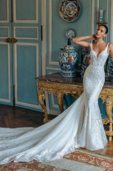 White Wedding Dress Mermaid Spaghetti Strap Backless Lace Tulle Bridal Gown With Appliques