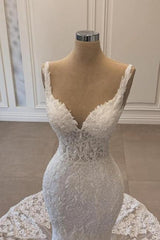 White Wedding Dress Mermaid Spaghetti Strap V Neck Beaded Lace Sweep Train Tulle Bridal Gown