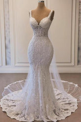 White Wedding Dress Mermaid Spaghetti Strap V Neck Beaded Lace Sweep Train Tulle Bridal Gown