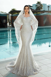 White Wedding Dress Mermaid Square Long Sleeves Sequined Lace Sweep Train Long Tulle Bridal Gown