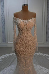White Wedding Dress Mermaid Strapless Beaded Off The Shoulder Sleeve Chapel Train Lace Bridal Gown