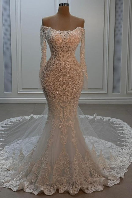White Wedding Dress Mermaid Strapless Beaded Off The Shoulder Sleeve Chapel Train Lace Bridal Gown