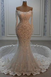 White Wedding Dress Mermaid Strapless Beaded Off The Shoulder Sleeve Chapel Train Lace Bridal Gown