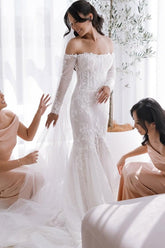 White Wedding Dress Mermaid Strapless Off The Shoulder Beaded Lace Long Sleeves Cathedral Train Tulle Bridal Gown