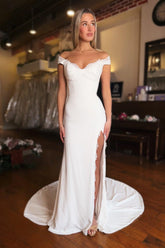 White Wedding Dress Mermaid Strapless Off The Shoulder Front Split Satin Bridal Gown With Lace