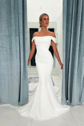 White Wedding Dress Mermaid Strapless Off The Shoulder Satin Bridal Gown