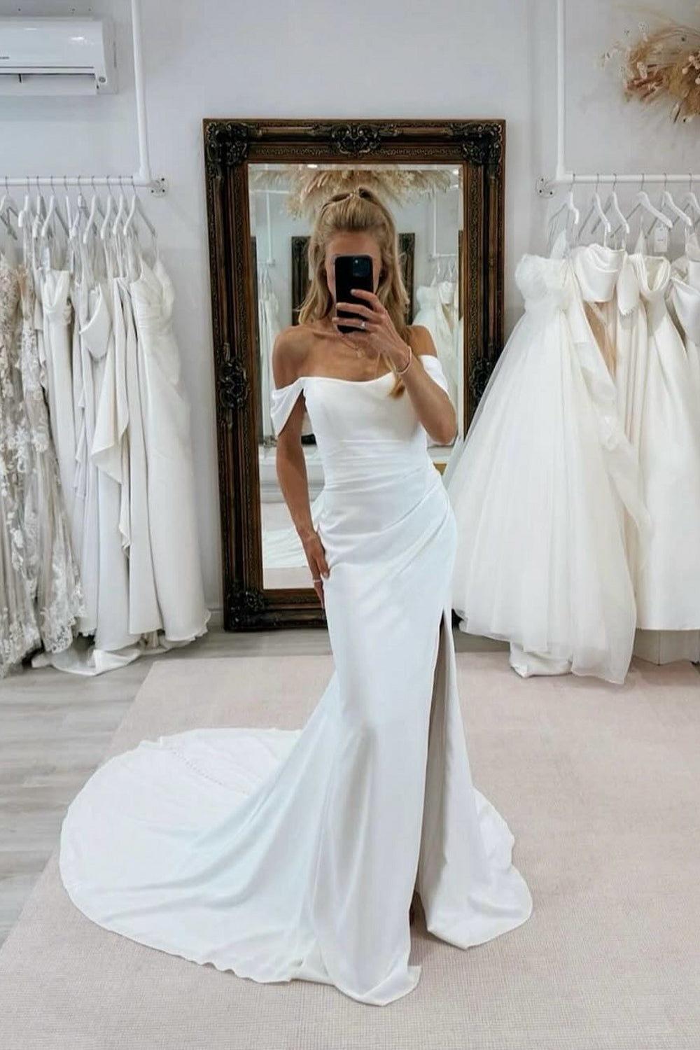 White Wedding Dress Mermaid Strapless Off The Shoulder Sleeveless Chapel Train Satin Bridal Gown With Slit
