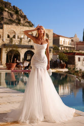 White Wedding Dress Mermaid Strapless Sleeveless Beaded Tulle Bridal Gown With Appliques