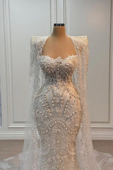 White Wedding Dress Mermaid Strapless Sleeveless Beaded Watteau Train Tulle Bridal Gown With Pearls