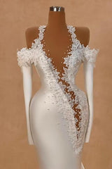 White Wedding Dress Mermaid Straps Satin Sleeves Bridal Gown With Pearls