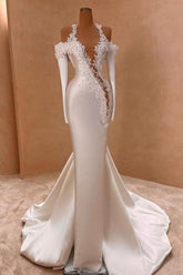 White Wedding Dress Mermaid Straps Satin Sleeves Bridal Gown With Pearls