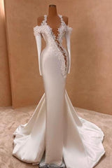 White Wedding Dress Mermaid Straps Satin Sleeves Bridal Gown With Pearls