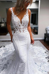 White Wedding Dress Mermaid Straps V Neck Backless Bridal Gown With Lace