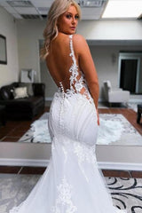 White Wedding Dress Mermaid Straps V Neck Backless Bridal Gown With Lace