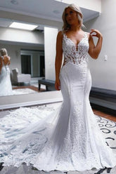 White Wedding Dress Mermaid Straps V Neck Backless Bridal Gown With Lace