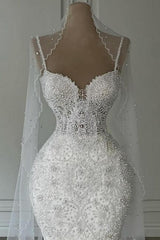 White Wedding Dress Mermaid Sweetheart Beaded Sleeveless Bridal Gown With Pearls