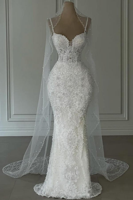 White Wedding Dress Mermaid Sweetheart Beaded Sleeveless Bridal Gown With Pearls
