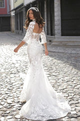 White Wedding Dress Mermaid Sweetheart High Neck Sleeves Sweep Train Tulle Bridal Gown With Appliques
