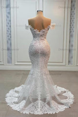 White Wedding Dress Mermaid Sweetheart Off The Shoulder Lace Tulle Bridal Gown With Appliques
