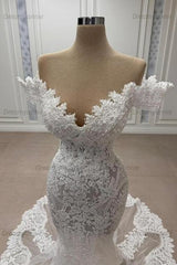 White Wedding Dress Mermaid Sweetheart Off The Shoulder Lace Tulle Bridal Gown With Appliques