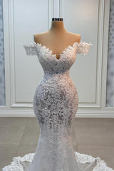 White Wedding Dress Mermaid Sweetheart Off The Shoulder Lace Tulle Bridal Gown With Appliques