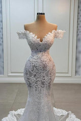 White Wedding Dress Mermaid Sweetheart Off The Shoulder Lace Tulle Bridal Gown With Appliques