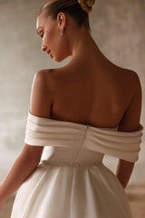 White Wedding Dress Mermaid Sweetheart Off The Shoulder Sleeveless Panel Train Satin Bridal Gown With Pearls