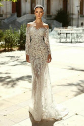 White Wedding Dress Mermaid Sweetheart Off The Shoulder Sleeves Detachable Panel Train Lace Bridal Gown