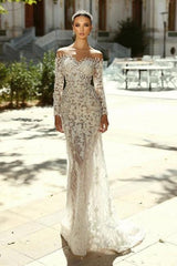 White Wedding Dress Mermaid Sweetheart Off The Shoulder Sleeves Detachable Panel Train Lace Bridal Gown