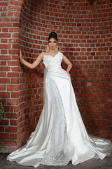 White Wedding Dress Mermaid Sweetheart One Shoulder Sleeveless Sequined Lace Panel Train Satin Bridal Gown With Appliques